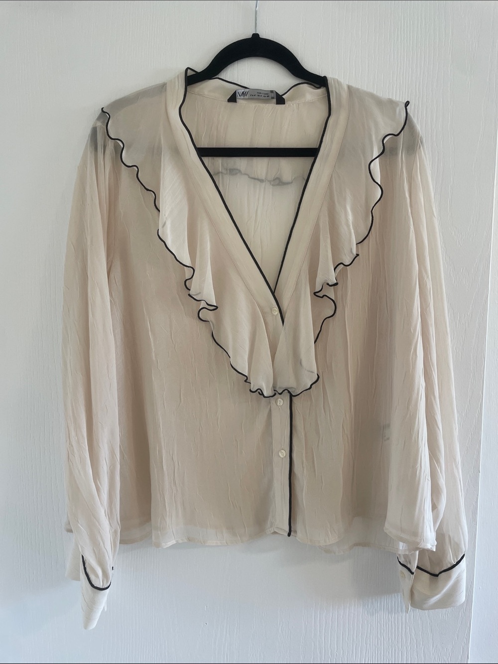 Zara Cream Ruffle V-Neck Blouse with Black Trim
